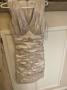 Calvin Klein Champagne Satin Ruched V-Neck Dress